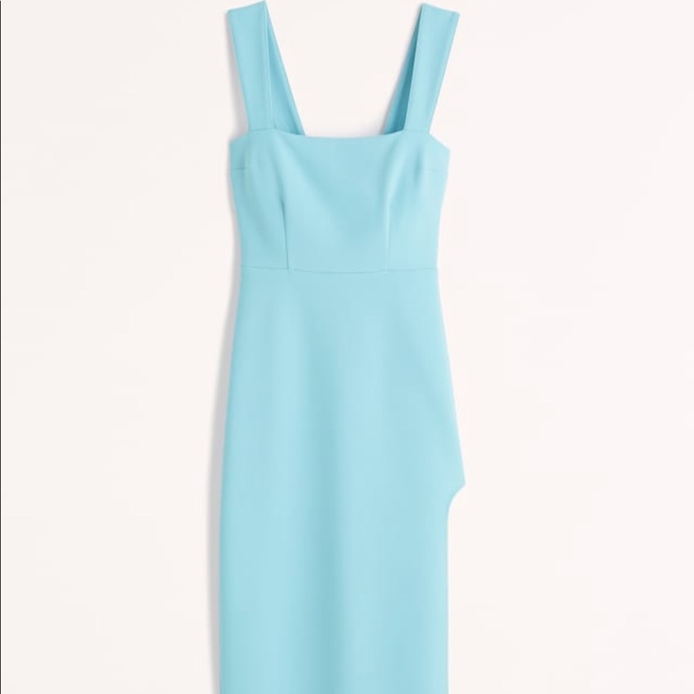 Small petite blue Abercrombie wedding guest dress with adjustable button straps
